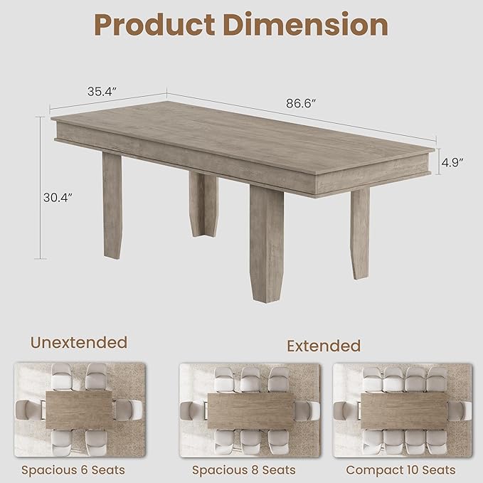 GarveeHome 63 in-86.6 in Extendable Dining Room Table for 6-10, Farmhouse Kitchen Tables w/Wooden Sturdy Frame, Large Rectangular Dinner Table for Dining Room, Kitchen