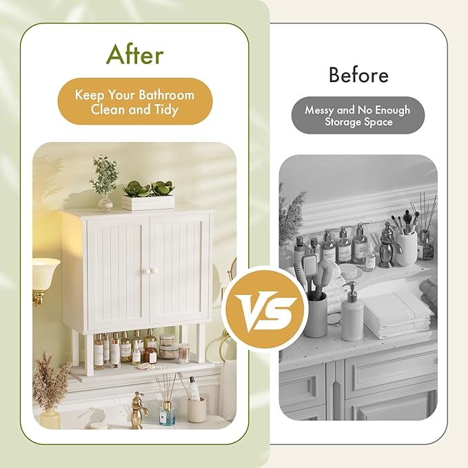 AmazerBath Bathroom Wall Cabinets, Bamboo Over The Toilet Storage Cabinet with Adjustable Shelves, Large Wall Mounted Medicine Cabinets with 2 Doors for Small Spaces, White, 9" D x 21.3" W x 23.8" H