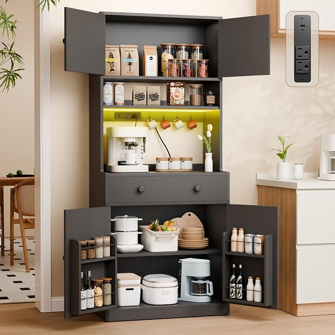 Korfile 71" Tall Kitchen Pantry Storage Cabinet with Power Outlet & LED Light, Freestanding Food Pantry Cabinet with 4 Doors and Shelves, Cupboard with Drawer, Hutch with Microwave Stand (Black)