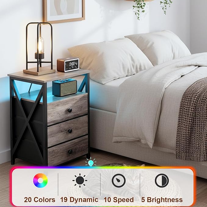 AMHANCIBLE Night Stand Set 2, LED Nightstand with Charging Station, End Side Tables with USB Port & Outlet, Bedside Table with 3 Fabric Drawers for Bedroom, Greige, HET053LGY