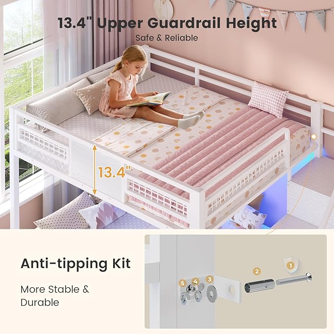 BTHFST Bunk Bed Full Over Full with Stairs, LED Lights Full Bunk Beds with 2 Storage Drawers & 6 Fabric Drawers, Metal Full Loft Beds with Safety Guardrail & Stairs, Space Saving, White