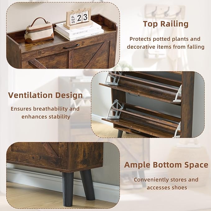 LEYAOYAO Shoe Cabinet Storage for Entryway with 2 Flip Drawers Rack Narrow Organizer Slim Hidden Wood Shoe Cabinet Furniture Brown