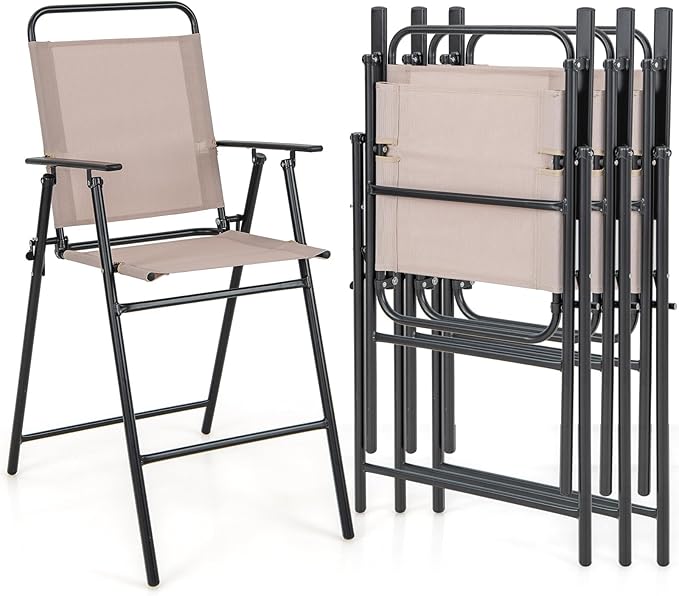 COSTWAY Outdoor Folding Bar Chairs Set of 4, 24 Inch Counter Height High Top Chairs with Metal Frame, Armrest & Footrest, Patio Barstools for Balcony, Poolside, Backyard, Beige
