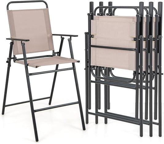 COSTWAY Outdoor Folding Bar Chairs Set of 4, 24 Inch Counter Height High Top Chairs with Metal Frame, Armrest & Footrest, Patio Barstools for Balcony, Poolside, Backyard, Beige