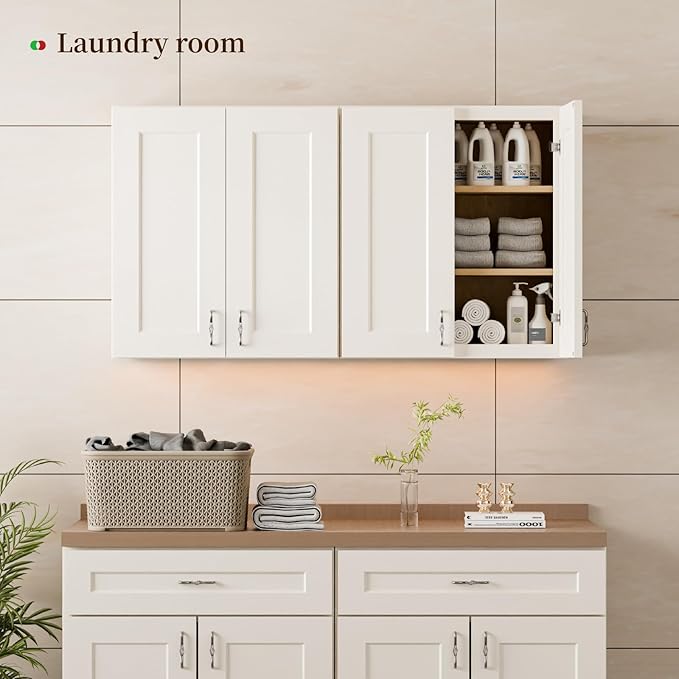 Kisart Laundry Room Cabinets Wall Mounted with Doors & Shelves, Solid Wood RTA Medicine Storage Cabinet, 24Wx30Hx12D Inch White Shaker Hanging Cupboard, Space-Saving for Kitchen, Bathroom, Garage