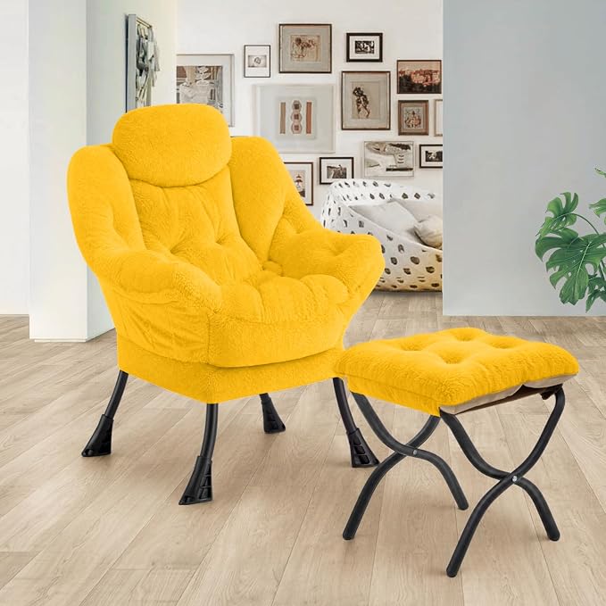 Lazy Chair with Folding Ottoman,Leisure Sofa Chair,Soft Fabric Armchair with Armrests and Side Pockets, Reading Chair with Footrest for Living Room, Bedroom, Office (Plush Yellow)