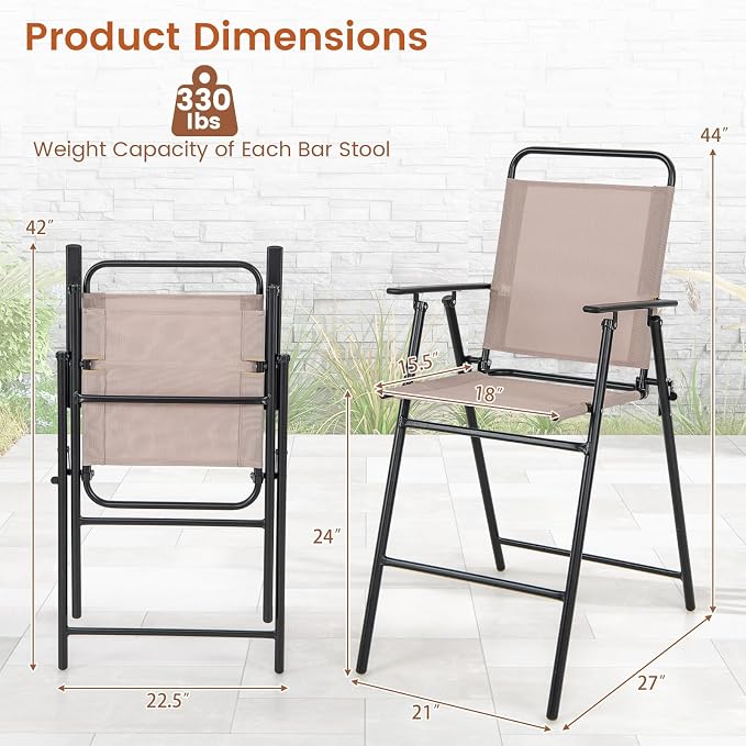COSTWAY Outdoor Folding Bar Chairs Set of 4, 24 Inch Counter Height High Top Chairs with Metal Frame, Armrest & Footrest, Patio Barstools for Balcony, Poolside, Backyard, Beige