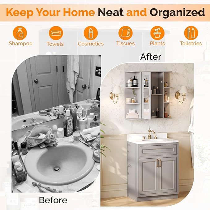 VINGLI Grey Mirror Medicine Cabinet Wall Mounted, Bathroom Storage Organizer Over Toilet with 6 Open Curved Shelves, Adjustable Vanity Cupboard with Single Door for Entryway & Living Room, Grey