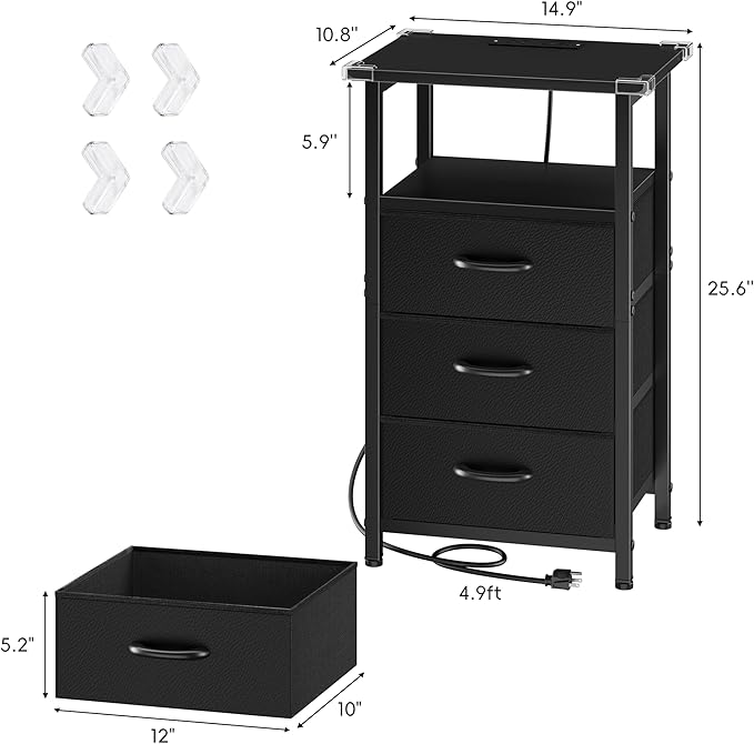Vagusicc Nightstand with Charging Station, Bedside Table with USB Ports and Outlet, End Table Side Table with 3 Fabric Drawers and Storage Shelf, Bed Side Table Black Night Stand for Bedroom, Black