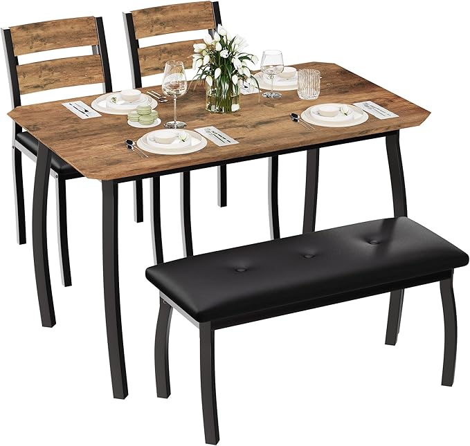 IDEALHOUSE 43'' Dining Table Set for 4, Wooden Kitchen Table with Upholstered Bench & 2 Cushion Chairs, Industrial Dinette Set for Studio, Kitchen, Dining Room, Apartment, Retro