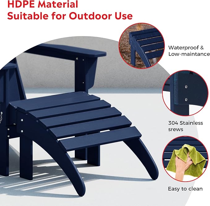 Costaelm Adirondack Chair Footrest Foldable Ottoman, Folding Ottoman Outdoor Foot Rest for Patio Waterproof, Adirondack Ottoman Outdoor, Navy Blue