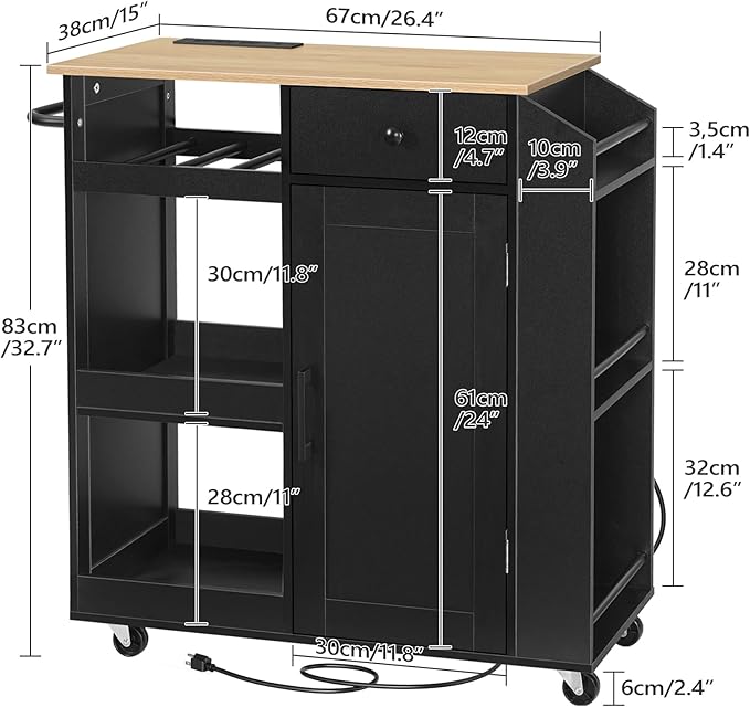 MAHANCRIS Kitchen Island with Power Outlet, Kitchen Storage Island with Drawer, Rolling Kitchen Cart on Wheels, Spice Rack, Towel Rack, Wine Rack, for Dining Room, Black and Natural KIHN122E01