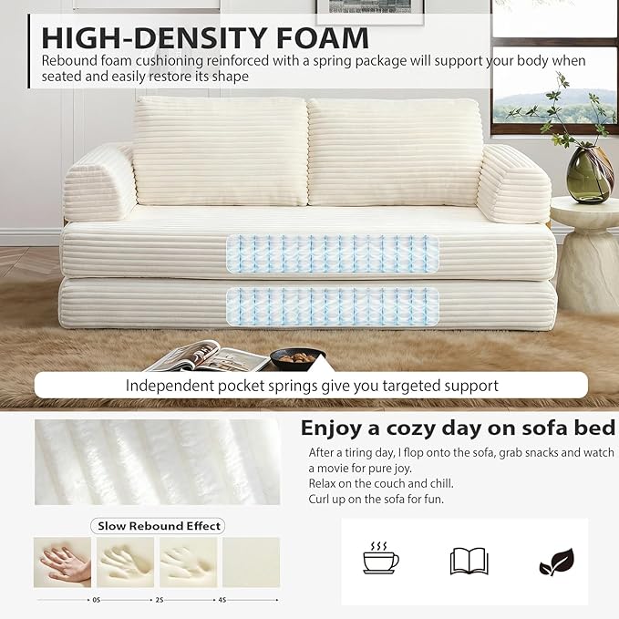 HANXIN 80 Inch Convertible Sleeper Sofa Bed, High Back Plush Corduroy Folding Floor Mattress Couch with Fixed-Shape Frame, Boneless Futon Loveseat with Pull Out Bed, No Assembly Required (Beige)