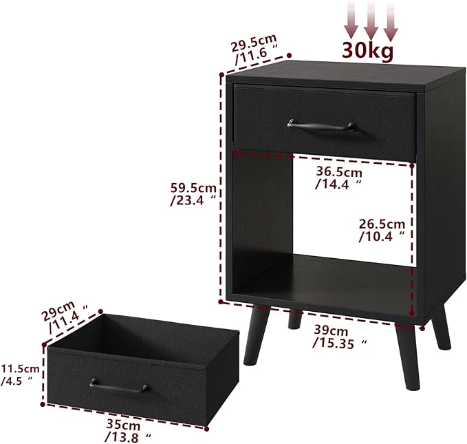 YMYNY Nightstand Set of 2, Bedside Table, Side Table with Fabric Drawer, Handle and Open Compartment, Solid Wood Legs, Wooden Coffee Table for Bedroom, Black UHST020B-2