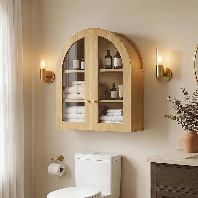 Arched Wall Cabinet, Bathroom Cabinet Wall Mount with Glass Doors & Adjustable Shelf, Floating Medicine Cabinet for Bathroom, Kitchen, Living Room Storage, Oak