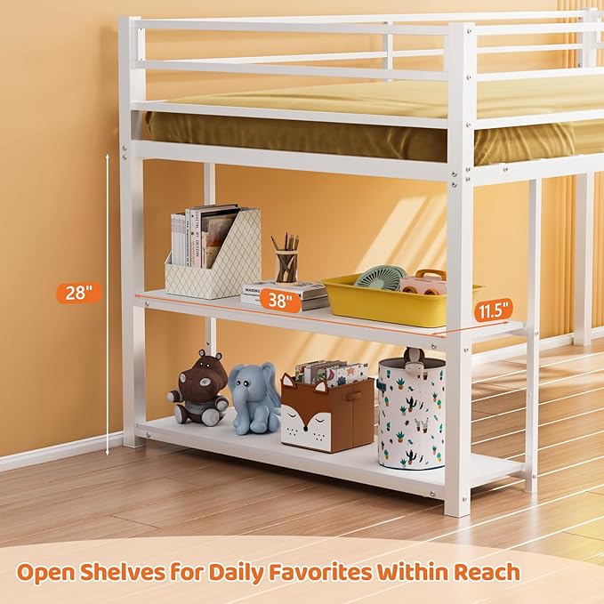 JOYMOR Low Loft Bed Twin Size with 3 Storage Drawers, 2 Tier Storage Shelves, 2 Tier Bookcase and LED Lights, Metal Kids Loft Bed with Safety Guardrail, Spave Saving Design (White)