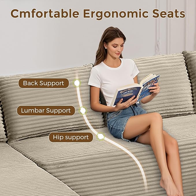 133" Oversized Cloud Boneless Sofa Couch with Chaise, Modern Corduroy U Shaped Modular Sectional Sofa with Deep Seat, Comfy Couch with Cupholders and Storage, No Assembly Required-Camel