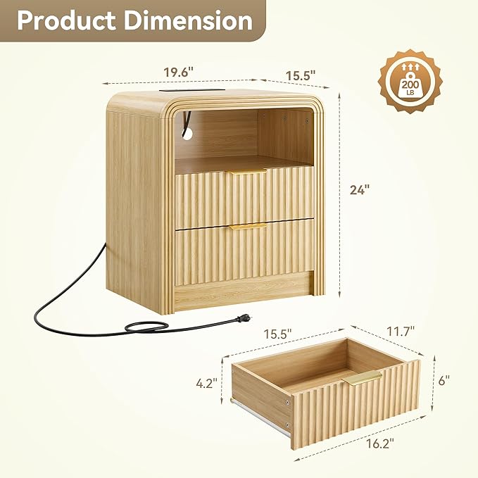 Decofy Fluted Nightstand with Charging Station, 19.7'' Wide Morden End Table with USB/Type-C Ports, 2 Drawers & Open Shelf, Curved Profile Design, Wood Bedside Table for Bedroom (Natural Oak)