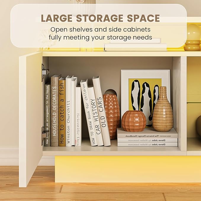 80” High-Glossy TV Stand with 2 Side Cabinets, Storage Entertainment Center, Modern Stylish TV Console with 3 Layer LED Lights&Power Outlets,Remote&APP Control for Living Room Use White