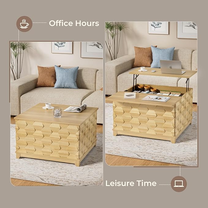 BROTTAR Lift Top Coffee Table, 31.5'' Square Coffee Table with with Storage, Farmhouse Coffee Tables with Hidden Storage, Center Table with Embossed Texture for Living Room, Home Office, Natural