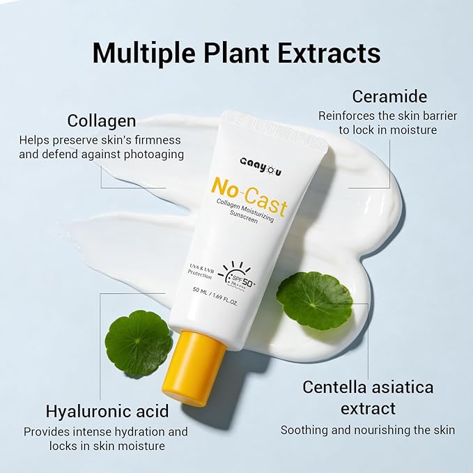 No Cast Moisturizing Sunscreen SPF50 PA++++ Collagen Facial Sunscreen Korean Sunscreen with Hyaluronic Acid, Oil Free, No White Cast Natural Sunscreen for All Sensitive Skin Type