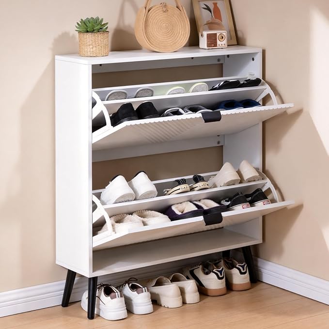 oakvivo Shoe Cabinet Storage, Farmhouse Freestanding Organizer with 2 Flip Drawers and 4 Wooden feet, Narrow Shoe Rack Cabinet for Entryway, Foyer, Hallway, White