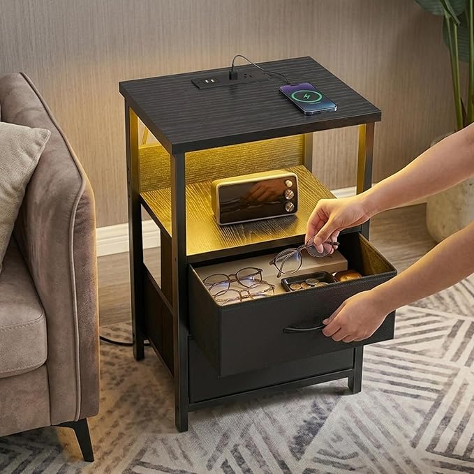 Fixwal Night Stand with Charging Station, LED Nightstand with U-S-B Ports and Outlets for Small Spaces, 2 Fabric Storage Drawers, Bedside Table End Tables Bedroom Decor, Modern Black