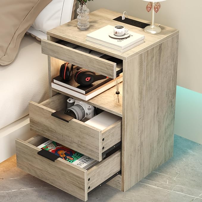 Gadroad LED Nightstand with Charging Station, Bedside Table with USB Ports & Power Outlets, Modern Night Stand with Drawers for Bedroom Small Spaces, Grey