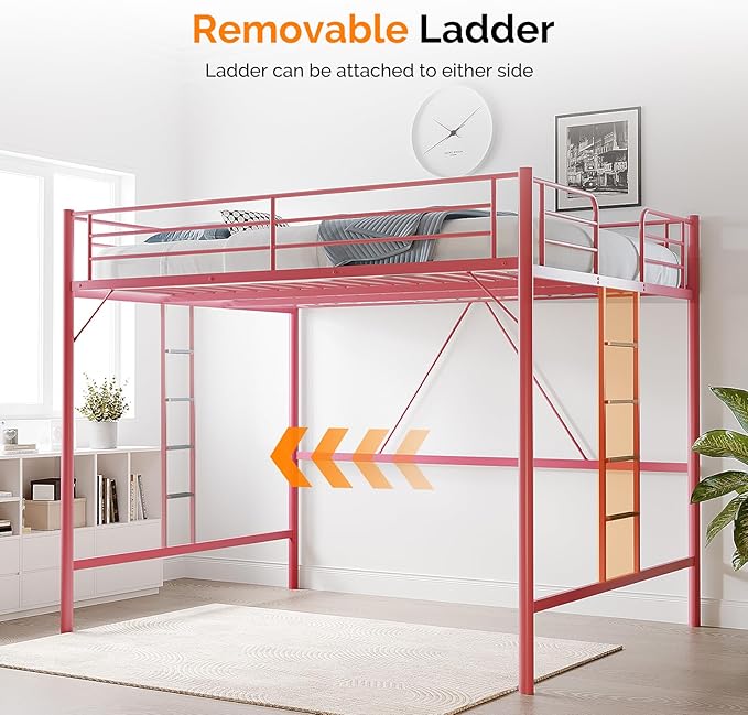 VINGLI Queen Loft Bed with Flat Rungs for Adults, Kids and Young Teens, No Box Spring Required,Heavy Duty Metal Slat Support, Pink