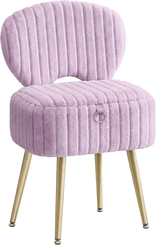 SONGMICS Small Vanity Chair with Storage and Folding Back, Vanity Stool, Footrest Footstool Ottoman, Dressing Table Stool, Furry Padded Seat, for Makeup Room, Bedroom, Light Lilac ULOM532PE01