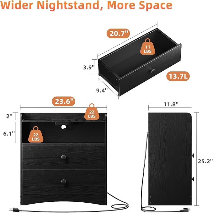 Memobarco Nightstand with Charging Station and LED Light,Modern Nightstand with USB Ports and Outlets,Wooden Bedside Tables with 2 Storage Drawers,Small Dresser for Bedroom Small Space,Black
