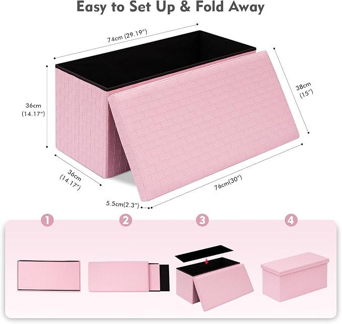 B FSOBEIIALEO Folding Storage Ottoman, Faux Leather Footrest Seat Long Shoes Bench Box Chest, Pink 30"x15"x15"