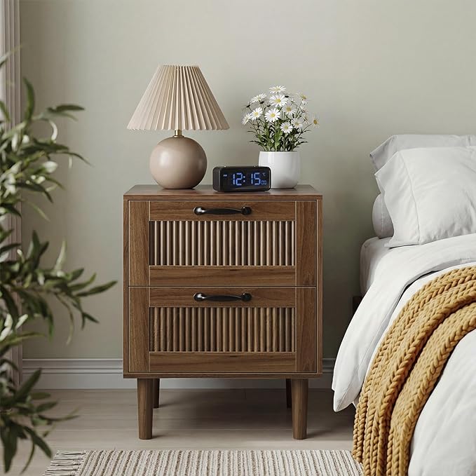 Kiasthome Wood Nightstand with 2 Drawers - Stylish Bedside Table for Bedroom, Functional End Table with Textured Front