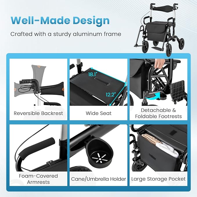 Goplus Walkers for Seniors with Seat, 2 in 1 Folding Rolling Rollator Walker & Wheelchair Combo with Brakes, 9" Pneumatic Tires for All Terrain, Aluminum Adult Mobility Walking Aid