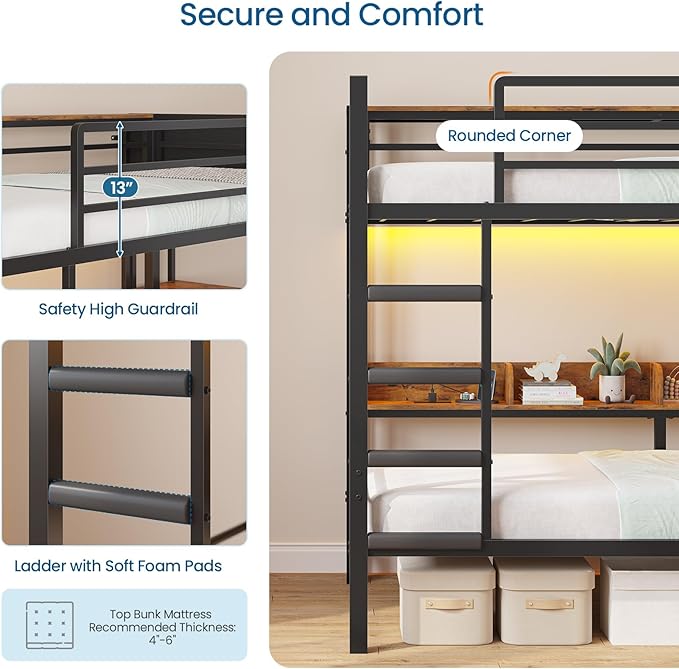 Twin Over Twin Bunk Bed with 6 Storage Drawers & 3 Boxes, Dual Side Shelves, Twin Bunk Beds for Kids with LED Lights and Charging Station, Heavy Duty Metal Bunk Bed with Safety Guardrail and Ladder