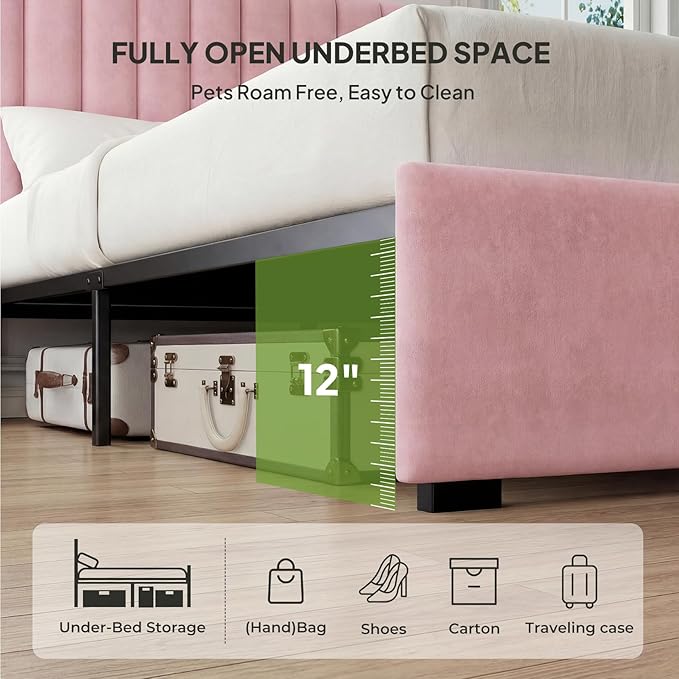 Welzona Upholstered Bed Frame Twin Size with Headboard for Kids, Velvet Fully Upholstered Metal Platform Bed with Vertical Channel Tufted Headboard, 3-Level Height, Metal Support, Easy Assembly, Pink