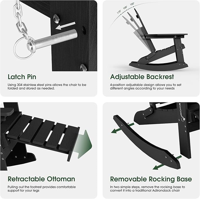 Adjustable Adirondack Rocking Chair with Retractable Ottoman Footrest, 4-in-1 Foldable HDPE Outdoor Rocker, Weather Resistant Adirondack Chair for Porch, Garden & Poolside, Black