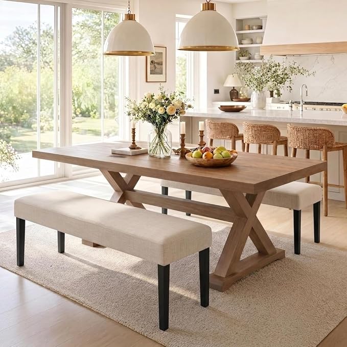 HNY Farmhouse Upholstered Dining Bench Seat Set of 2, 45" Linen Fabric Entryway Bench with Black Wood Legs, Mid Century Modern End of Bed Bench for Kitchen Bedroom Living Room Hallway, Beige