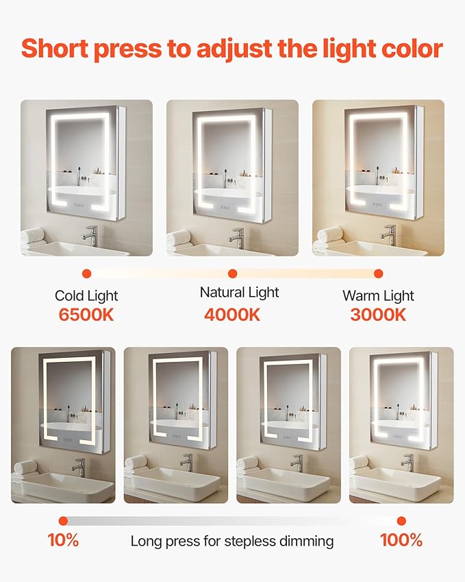 VEVOR Lighted Medicine Cabinet with Mirror, 20 x 26 in Recessed or Wall Mount, 3 Color Dimmable LED Bathroom Medicine Cabinet with Double-Side Mirror, Adjustable Shelves, Memory Anti-Fog Function