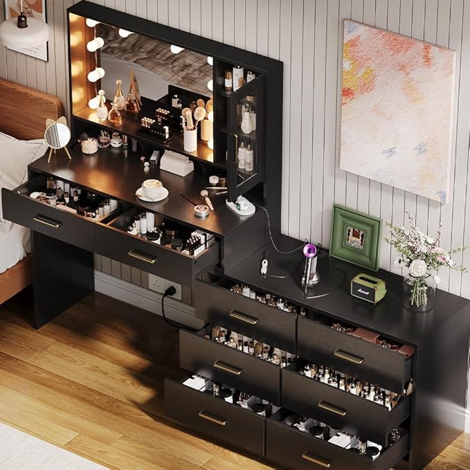 Makeup Desk with Drawers & Cabinet & Dresser, Black Vanity Table with Drawer Dresser, Large Vanity Table with 8 Drawers, Vanity Desk with Large Mirror and 3-Color Lights for Girls, Dressing Table 59"