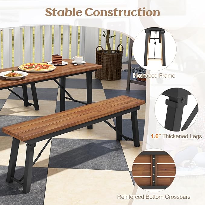 Tangkula Outdoor Folding Bench Set of 2, 55” 2-3 Person Acacia Wood Backless Patio Dining Bench, No Assembly Weatherproof Picnic Bench, Collapsible Benches for Porch, Yard, Poolside, Balcony