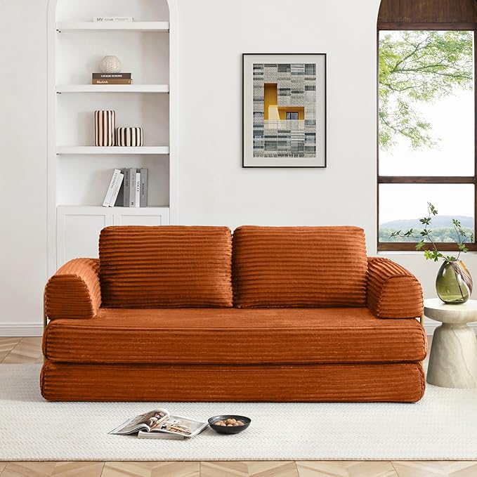 HANXIN 80 Inch Convertible Sleeper Sofa Bed, High Back Plush Corduroy Folding Floor Mattress Couch with Fixed-Shape Frame, Boneless Futon Loveseat with Pull Out Bed, No Assembly Required (Orange)