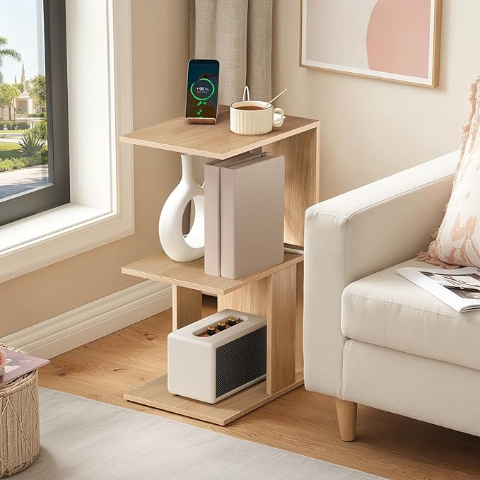 MAHANCRIS End Table with Charging Station, C-Shaped Narrow Side Table with LED Light, Natural Nightstand with Storage, Narrow Bedside Table for Small Spaces, End Tables Living Room, Bedroom, ETNA18E01