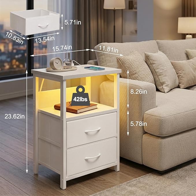 Fixwal White Nightstand for Women Bedroom, LED Night Stand with Charging Station, Bed Side Table with 2 Fabric Storage Drawers
