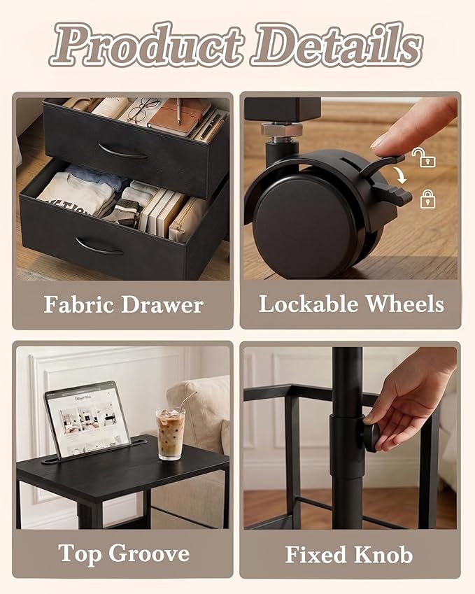 Faesun Swivel Lift Top Nightstand with Charging Station, Rolling Side Table for Recliner, Bedside Table with Wheels & 2 Fabric Drawers, for Small Spaces, for Bedroom, Living Room, Black