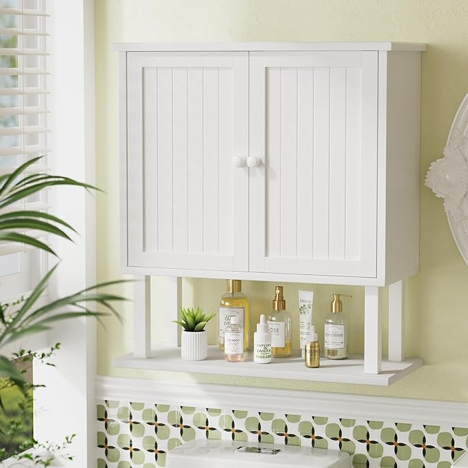 AmazerBath Bathroom Wall Cabinets, Bamboo Over The Toilet Storage Cabinet with Adjustable Shelves, Large Wall Mounted Medicine Cabinets with 2 Doors for Small Spaces, White, 9" D x 21.3" W x 23.8" H
