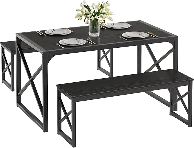 VECELO 55” Kitchen Dining Table Set for 4, Heavy-Duty Steel Frame & Wood-Grain Tabletop, Space-Saving Dinette Sets with 2 Benches for Breakfast Nook and Small Space, Black