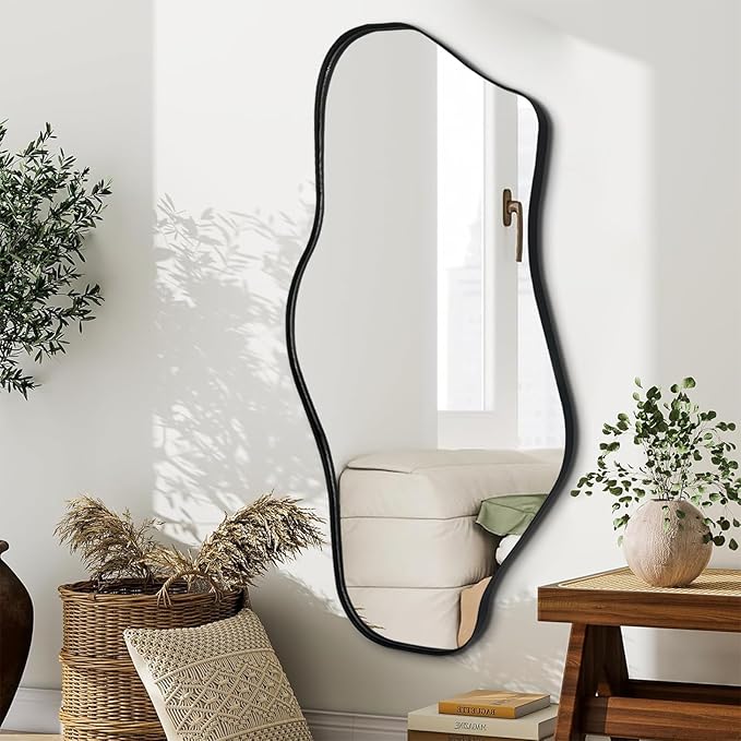 Irregular Wall Mirror, 47"x25" Asymmetrical Aesthetic Mirror with Metal Frame, Modern Organic Mirrors for Living Room Bathroom Bedroom Hallway Entryway, Horizontal or Vertical Hanging