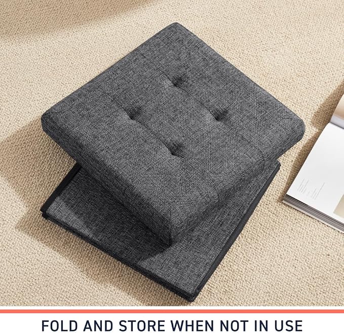 Ornavo Home Folding Storage Ottoman, 15 Inch Storage Cube with Lid, Foot Rest Stool for Bedroom, Living Room, Entryway, Tufted Linen Upholstered - Dark Gray