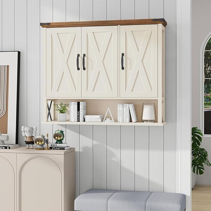 Halitaa Bathroom Wall Cabinet, Farmhouse Medicine Cabinet with Adjustable Wood Shelf & 3 Doors, Over The Toilet Storage Cabinet for Wall Mounted for Bathroom Laundry Room Kitchen, White and Brown